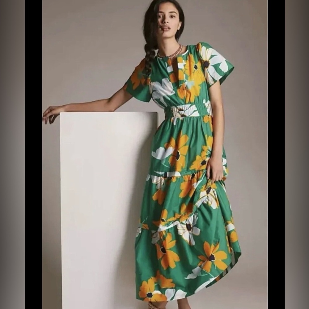 Anthropologie Maeve Green and Orange Floral Maxi Dress